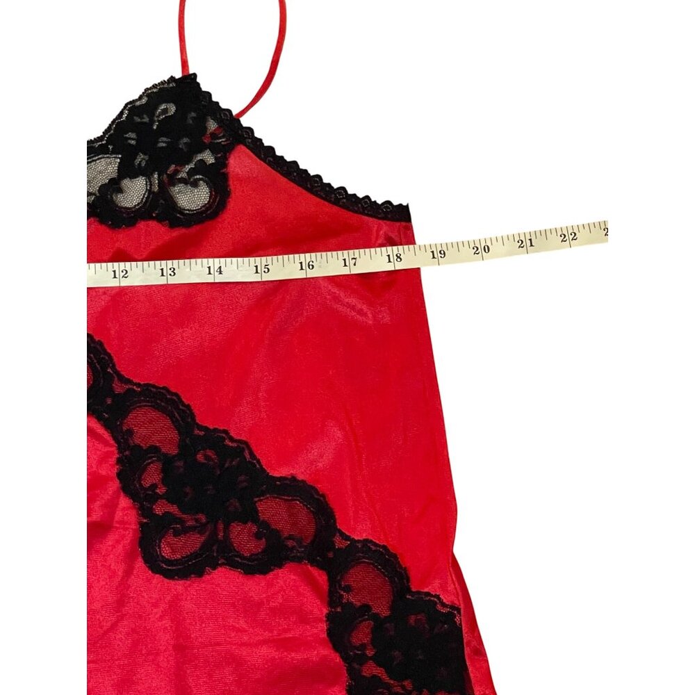 Vintage Red & Black Lace Trim Satin Chemise Nightgown Size Large - Picture 8 of 14